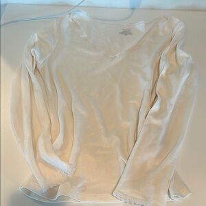 Cream Long Sleeve bow top with lace lined neckline and sleeves